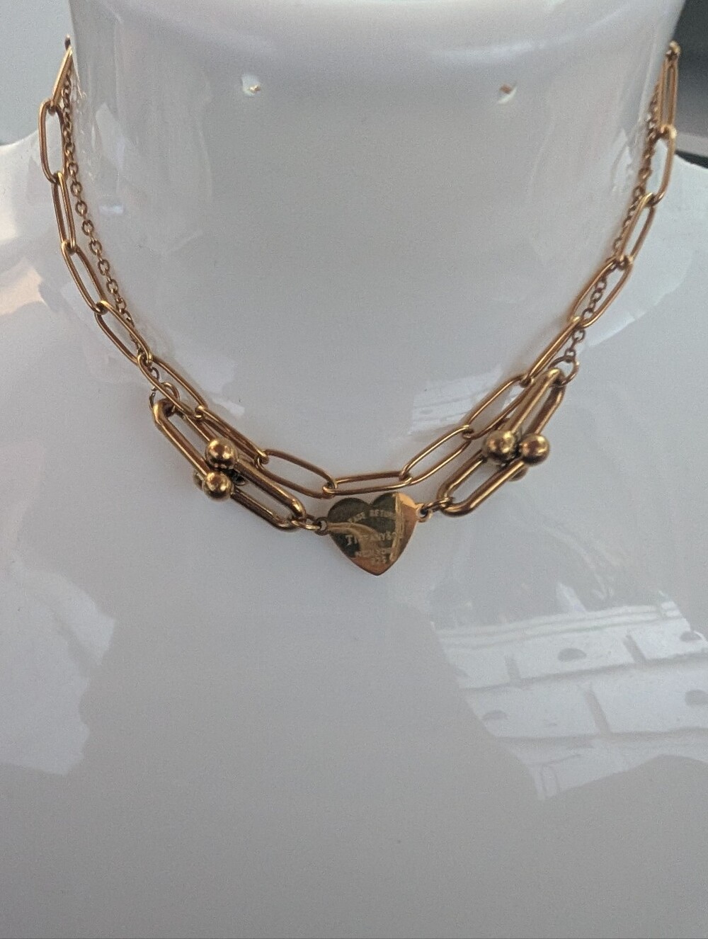 Layered Gold Heart Pendant Paperclip Chain Bracelet